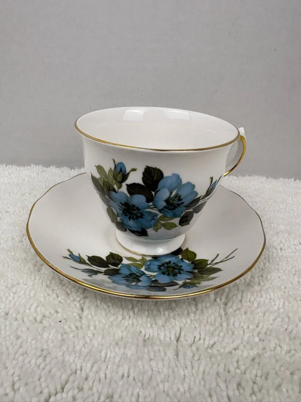 Vintage Royal Vale Blue Floral Bone China Tea Cup and Saucer Set Made in England